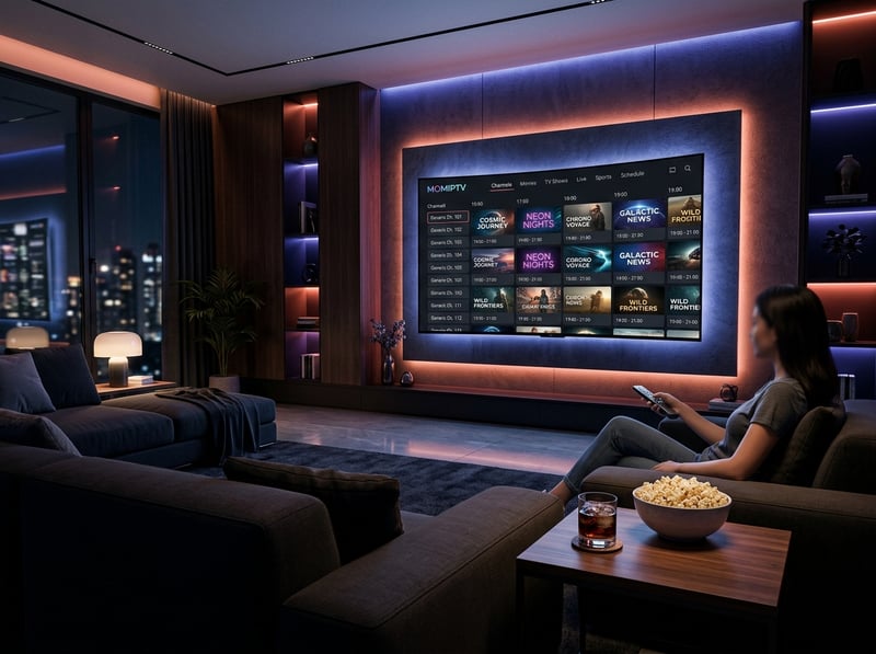 A woman is sitting in a living room with a large flat screen TV that is displaying a list of movies.
