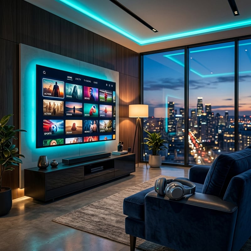 A large flat screen TV with a blue frame and a blue couch in front of it.