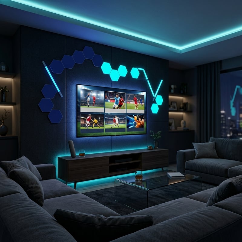 A large flat screen TV with a blue frame and a sports game playing on it.