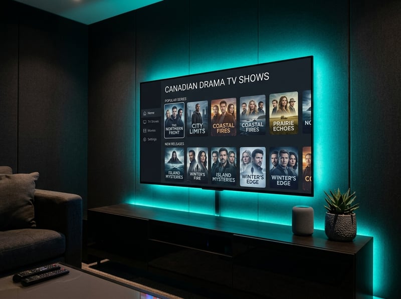 A large flat screen TV displaying Canadian drama TV shows.