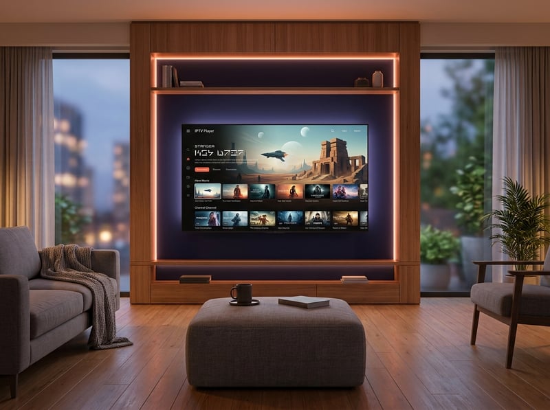 A large flat screen TV with a blue frame and a picture of a space ship on it.