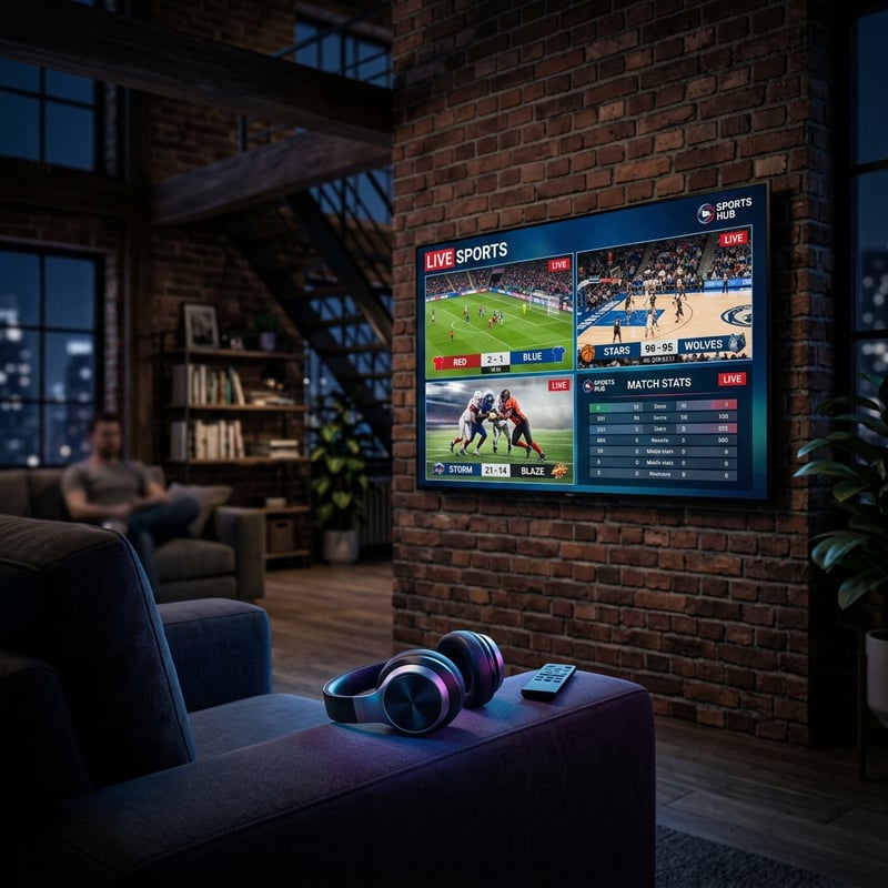 A man sits in a living room with a large flat screen TV displaying sports.