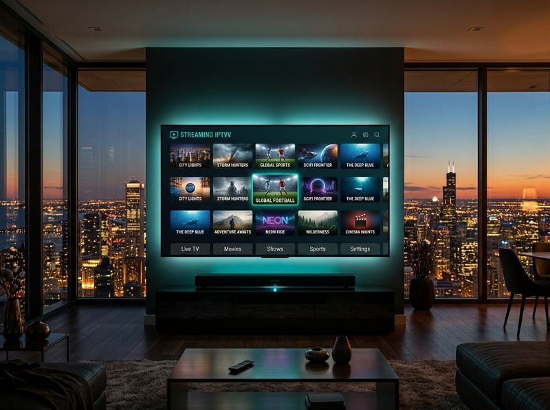 A large flat screen TV with a blue light on it, displaying a menu of IPTV options.