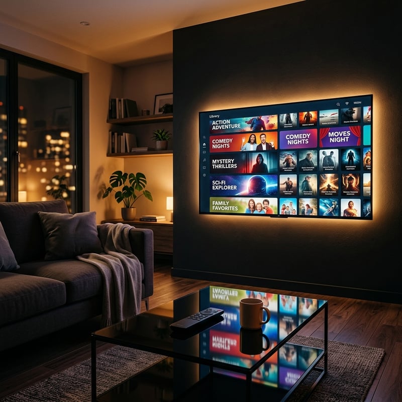 A large flat screen TV with a black frame and a remote control sitting on a glass table.