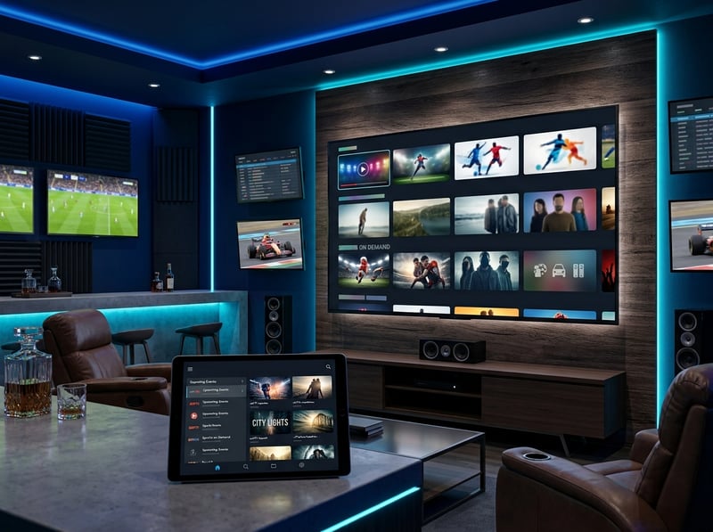 A large flat screen TV with a remote control in front of it.