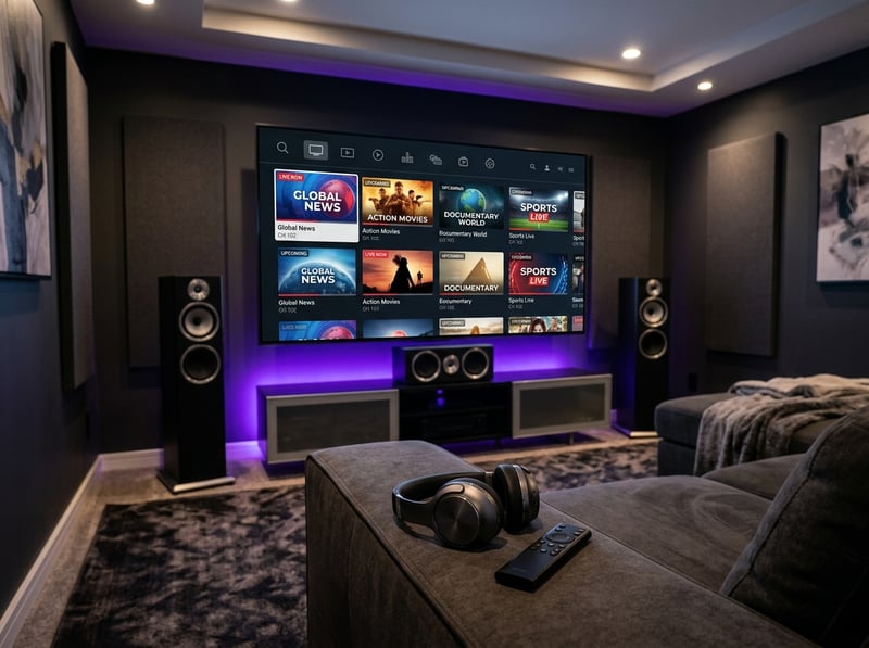 A large flat screen TV with a purple frame displaying a variety of IPTV channels.