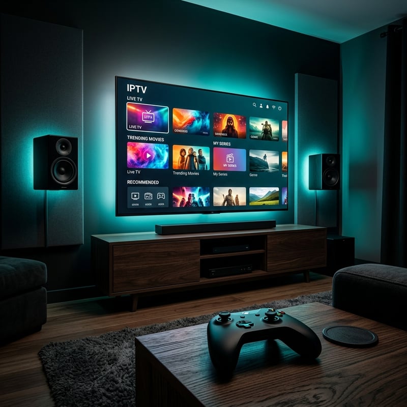 A large flat screen TV with IPTV on the screen.