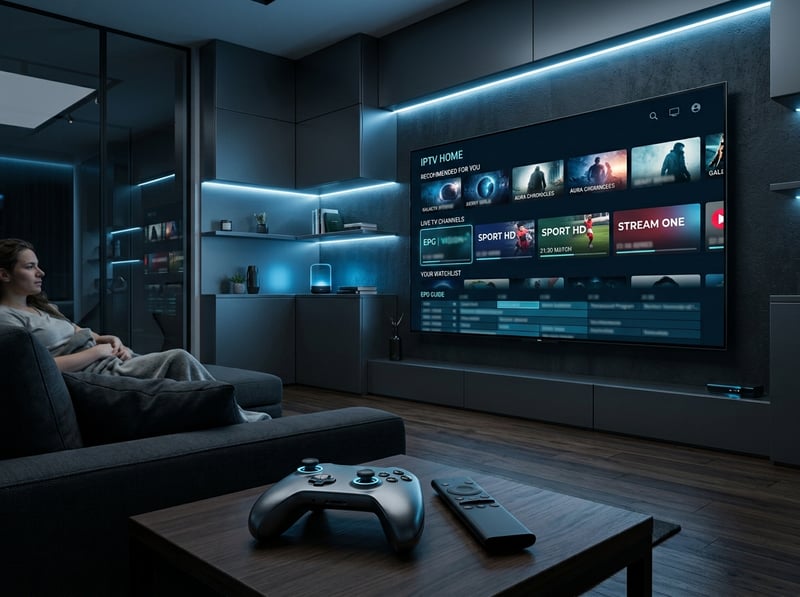 A man sits on a couch in front of a large flat screen TV with a remote control.