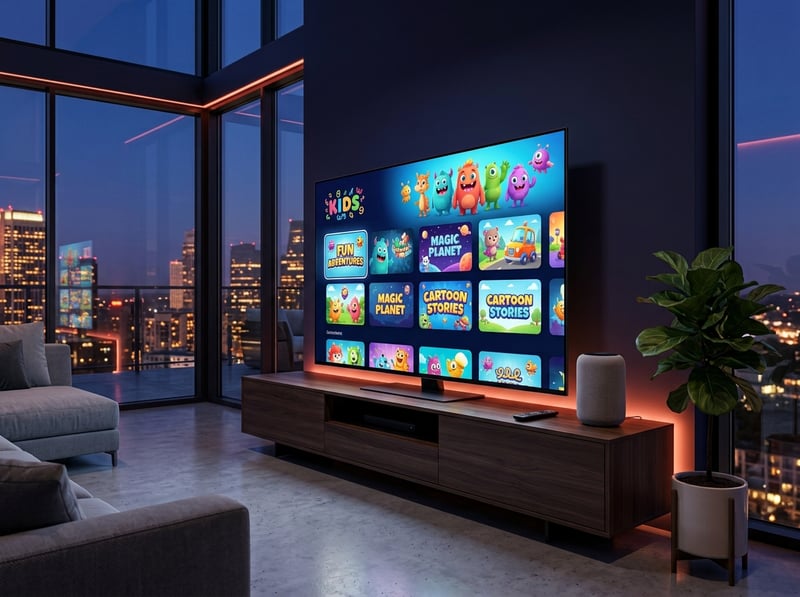 A large flat screen TV with cartoons playing on it.