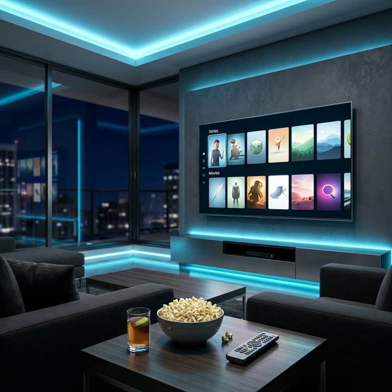 A large flat screen TV with a bowl of popcorn in front of it.