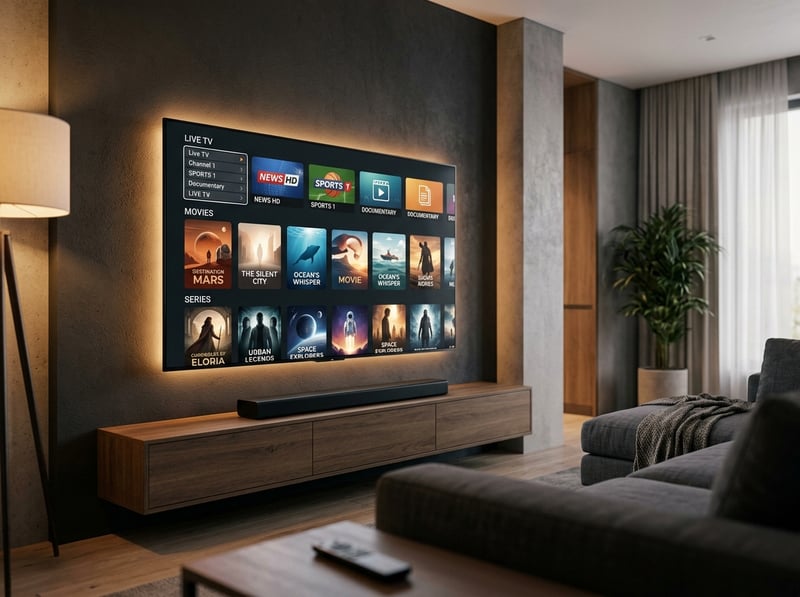 A large flat screen TV with a black frame and a grey wall behind it.