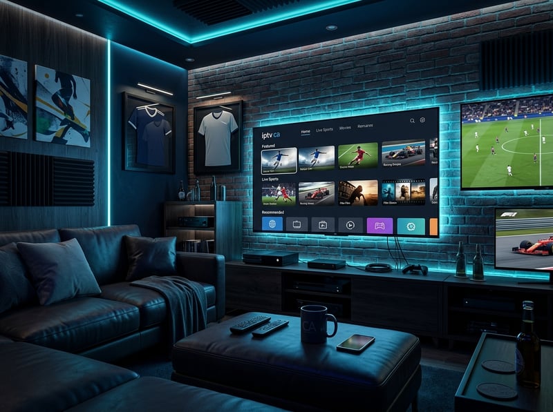 A large flat screen TV with a blue background and a menu on the screen.