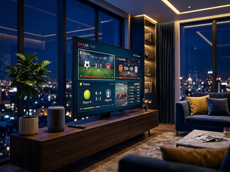 A large flat screen TV displaying a video game with the word IPTV on the screen.