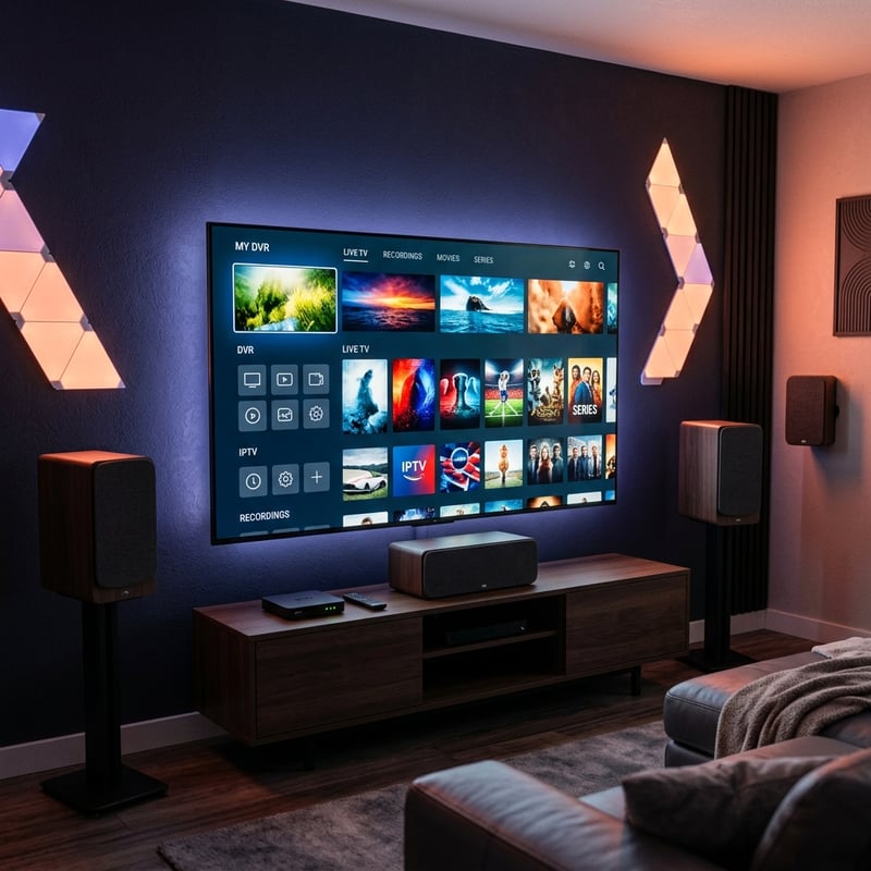 A large flat screen TV with a blue background and a menu of movies and shows on it.