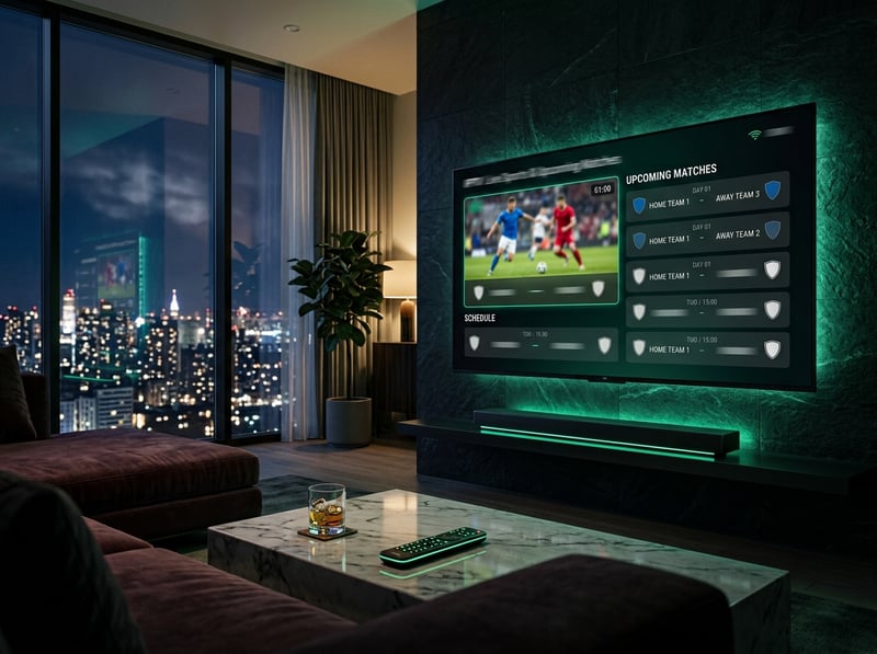 A large flat screen TV displaying a soccer game with the words 