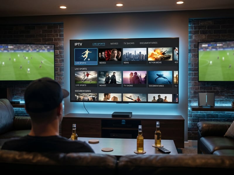 A man sits in a living room watching a large flat screen TV with IPTV.
