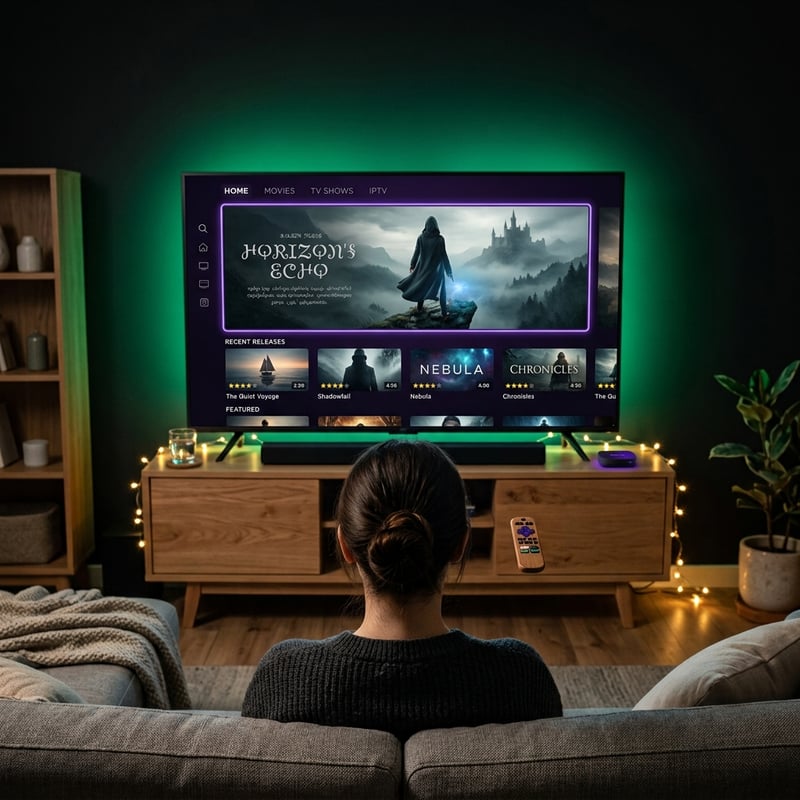 A woman is watching a movie on a large screen TV.