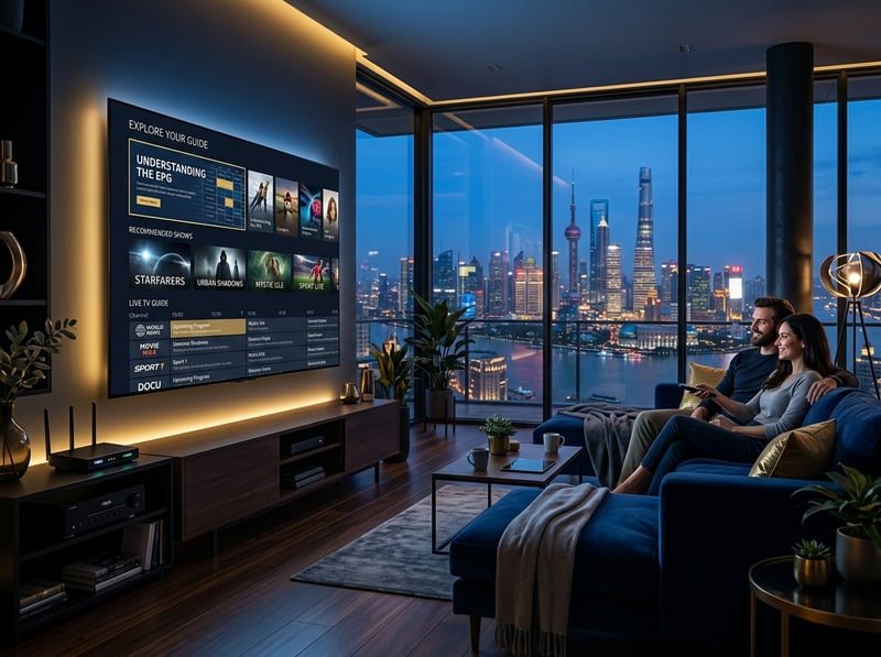 A man and woman sit on a couch watching a flat screen TV with a city view in the background.
