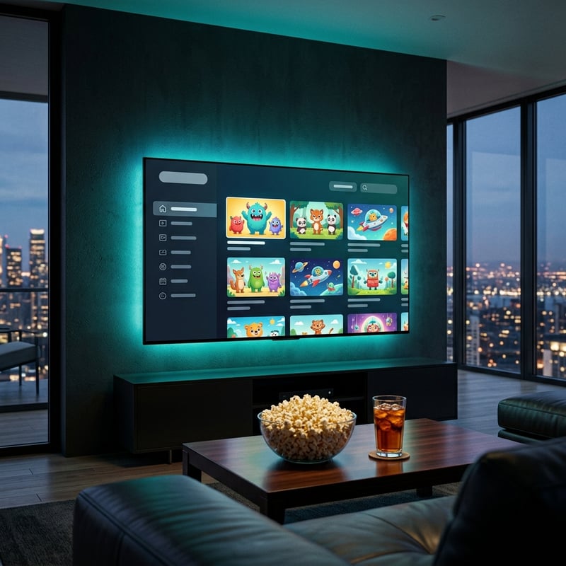 A large flat screen TV with a bowl of popcorn on a table in front of it.
