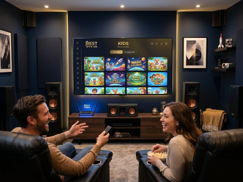 A man and woman sit in a living room watching a large screen TV with a Best Kids IPTV app on it.