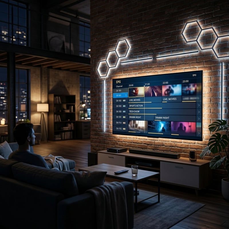 A man is sitting in a living room watching a flat screen TV with a menu on the screen.