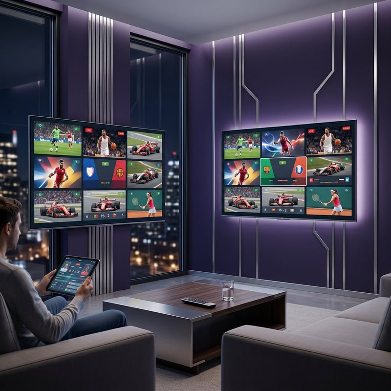 A man is sitting in a living room with three flat screen TVs on the wall.