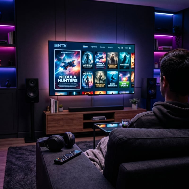 A man sitting on a couch in front of a flat screen TV watching IPTV.