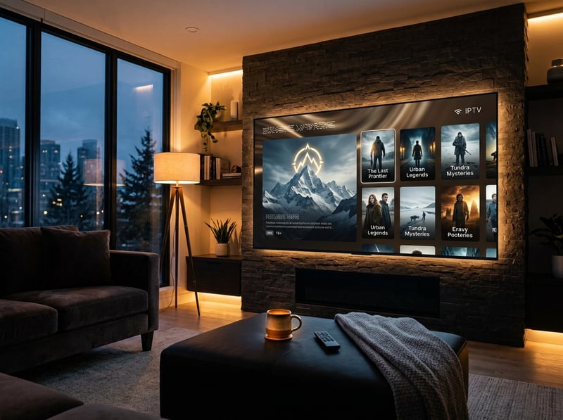 A large flat screen TV with a menu of IPTV options.