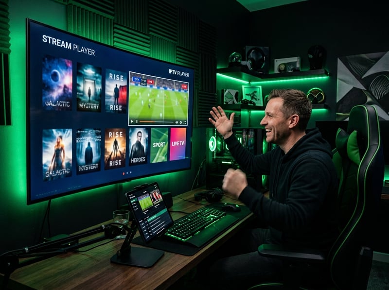 A man is sitting in front of a computer monitor with a green background and a sign that says IPTV Player.