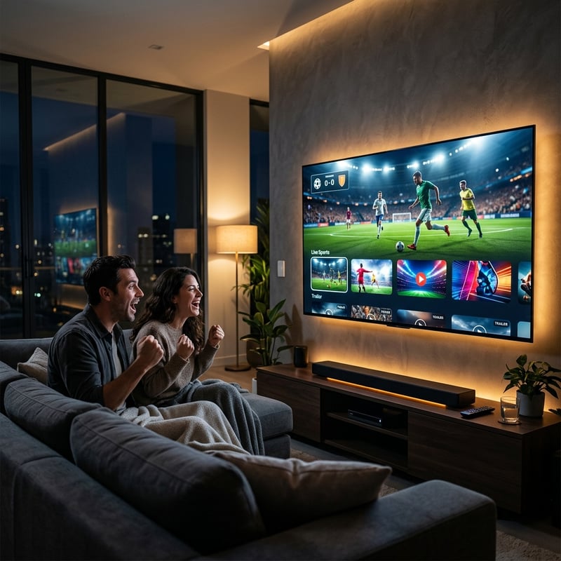 A man and woman are sitting on a couch watching a large flat screen TV.