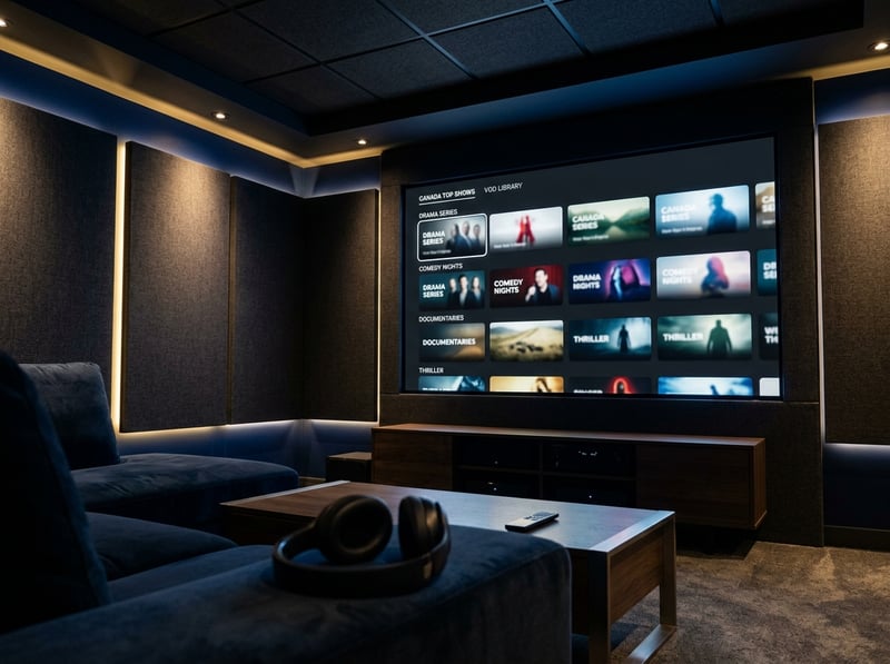A large flat screen TV with a menu of movies and shows on it.