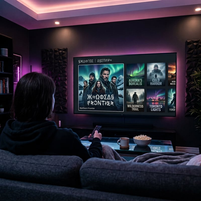 A person is watching a movie on a large screen TV.
