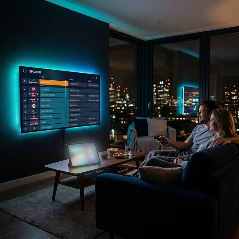 A man and woman sit on a couch in front of a flat screen TV that is displaying the IPTV menu.