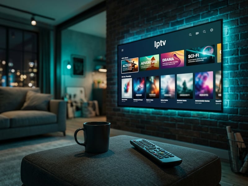 A large flat screen TV with a menu of movies and shows on it.