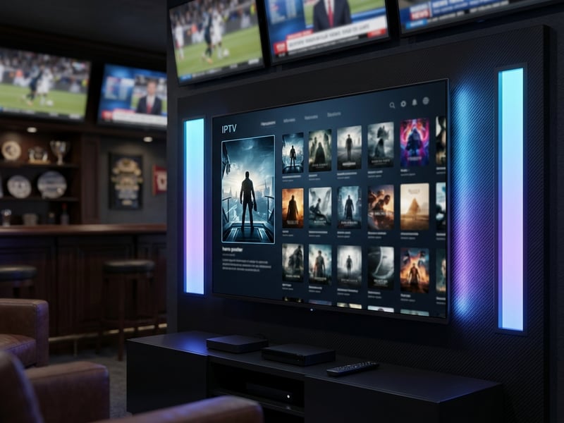 A large flat screen TV with a menu of IPTV channels.