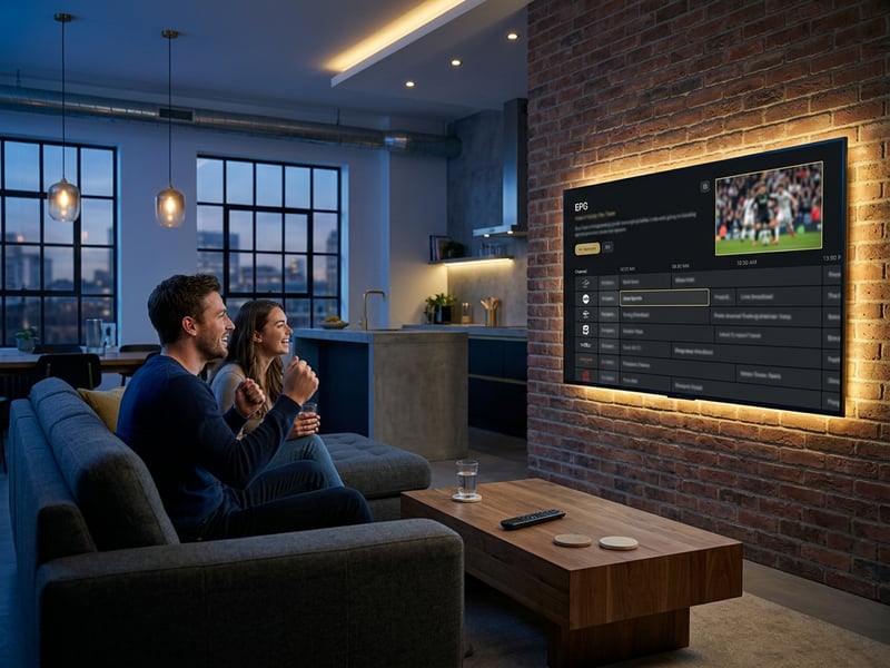 A man and woman sit on a couch watching a flat screen TV.