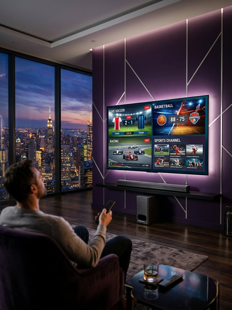 A man is sitting in a chair watching a flat screen TV with a sports game on it.