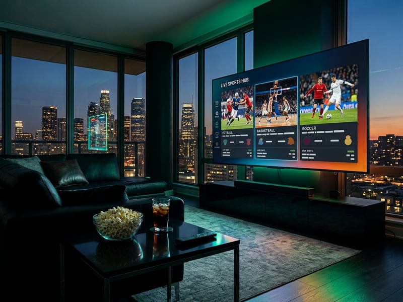 A large flat screen TV displaying sports on a black couch.