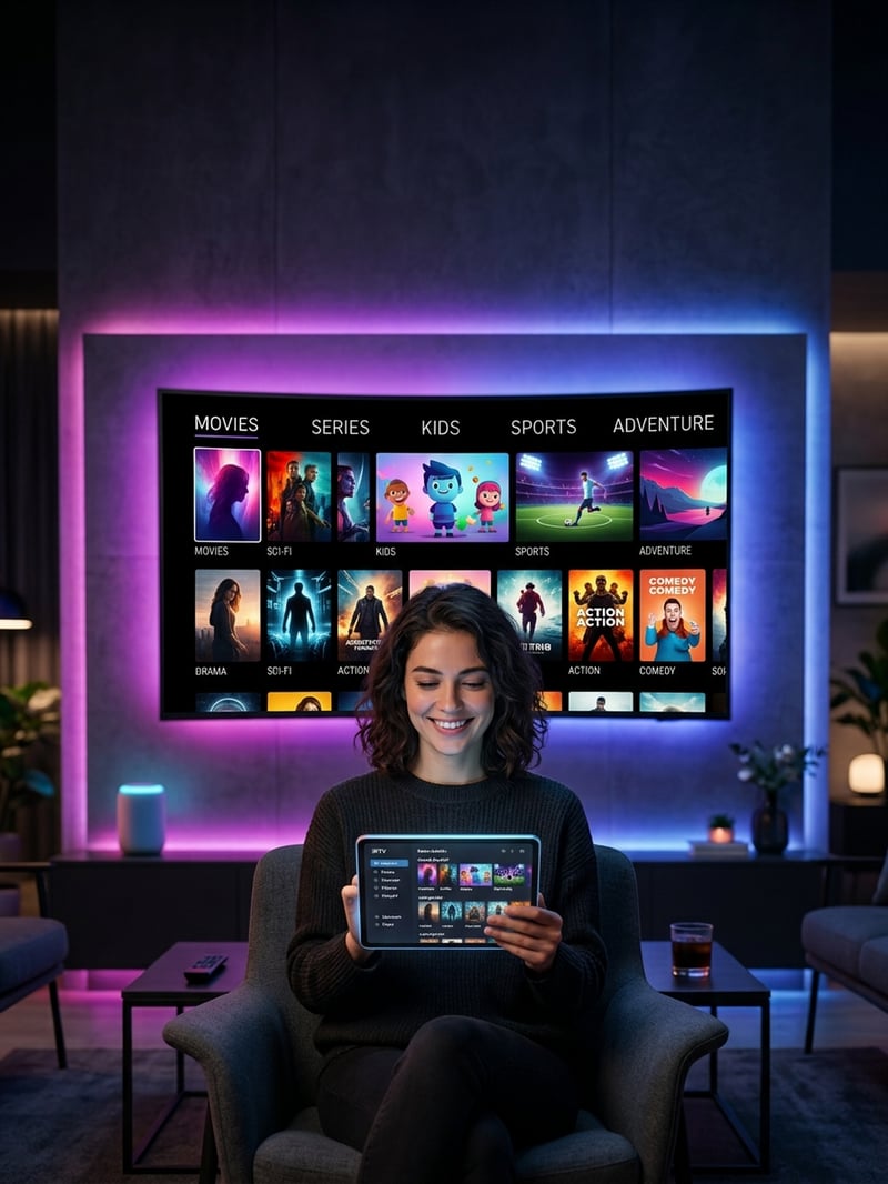 A woman is sitting on a couch in front of a large screen TV that is displaying a variety of movies and shows.