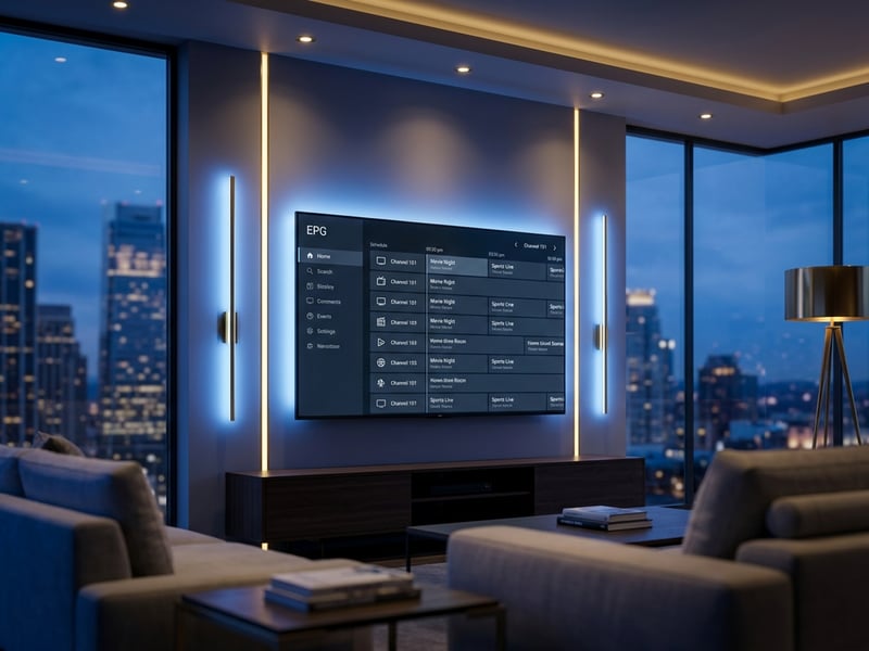 A large flat screen TV with a menu on the screen.