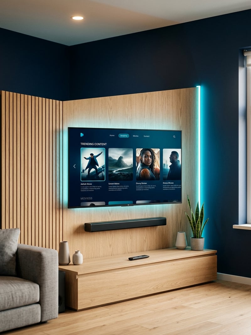 A flat screen TV with a blue background displaying a menu of IPTV options.