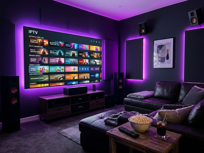 A large flat screen TV with IPTV on the screen.