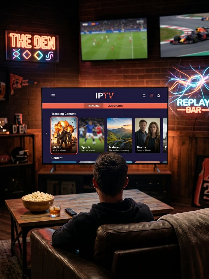 A man is watching IPTV on a flat screen TV.