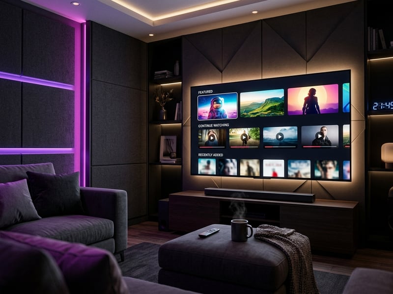 A large flat screen TV with a menu of IPTV options.