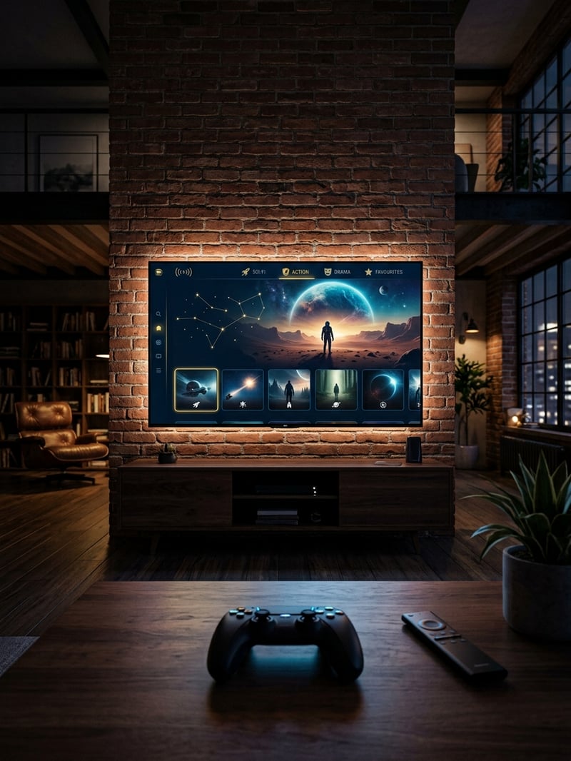 A large flat screen TV with a video game controller in front of it.