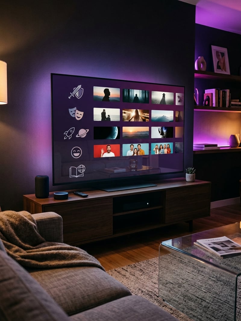 A large flat screen TV with a purple background displaying a variety of images and videos.