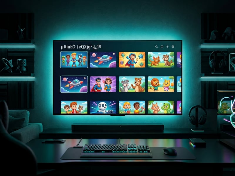 A large flat screen TV displaying a collection of cartoons and other media.