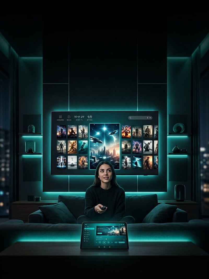 A woman sitting on a couch in front of a large screen TV with a remote control.
