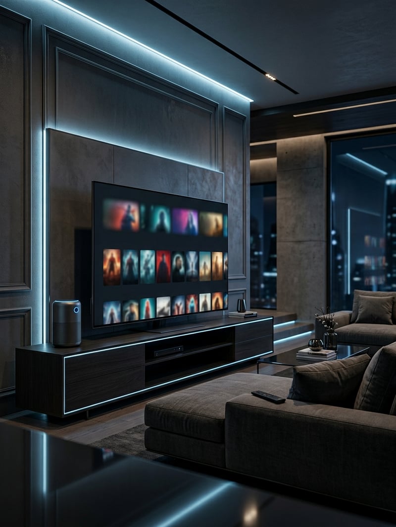 A large flat screen TV with a picture of a woman on it.