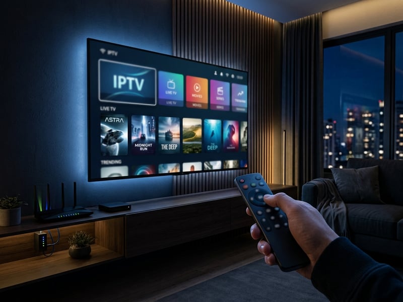 A person holding a remote control in front of a large IPTV screen.